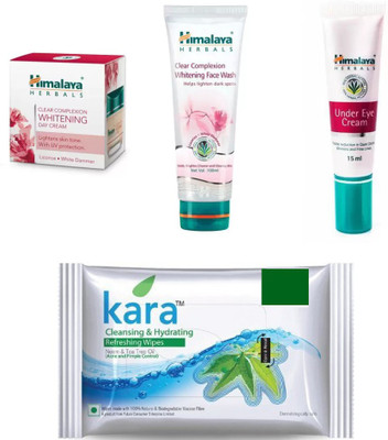 

Himalaya Clear Complexion Whitening Day Cream, Clear Complexion Whitening Face Wash, under eye cream, kara skin care wipes(Set of 4)