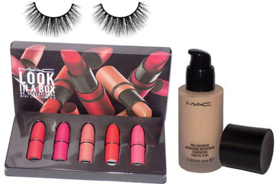 

professional kit Eyelashes & Mac Matte Finish Look In A Box Be Sensational Mini Set Of 5 Lipstick &Pro Longwear Fond De Teint Nourishing Waterproof Foundation(Set of 3)