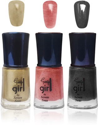 

seven glitter cosmetics makeup nail polish fashion color gold peach black set of 3 gold,peach,black