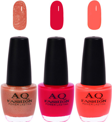 

AQ Fashion Funky Vibrant Range of Colors Nail polish Pearl Peach,Mazenta,Little Pink(Pack of 3)