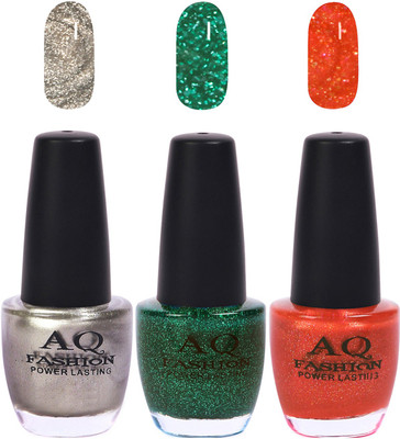 

AQ Fashion Funky Vibrant Range of Colors Nail polish Silver,Grass Green,Frosty Orange(Pack of 3)
