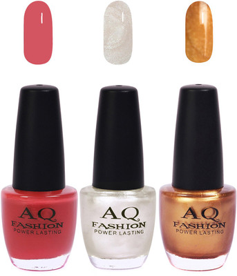 

AQ Fashion Funky Vibrant Range of Colors Nail polish Pink,Pear White,Golden(Pack of 3)