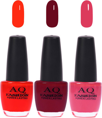 

AQ Fashion Funky Vibrant Range of Colors Nail polish Orangish Red,Deep Plum,Sheer Pink(Pack of 3)