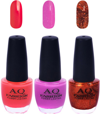 

AQ Fashion Funky Vibrant Range of Colors Nail polish Pink,Violet,Shimmery Copper Brown(Pack of 3)