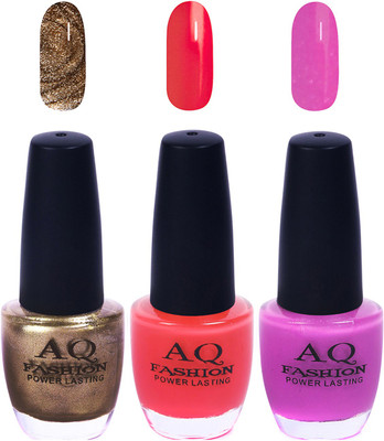 

AQ Fashion Funky Vibrant Range of Colors Nail polish Deep Golden,Pink,Violet(Pack of 3)