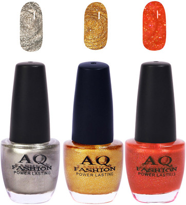 

AQ Fashion Funky Vibrant Range of Colors Nail polish Silver,Golden,Orange(Pack of 3)