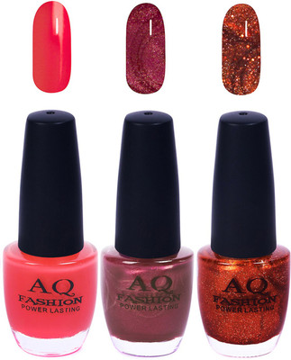 

AQ Fashion Funky Vibrant Range of Colors Nail polish Pink,Shimmer Purple,Shimmer Copperish Brown(Pack of 3)