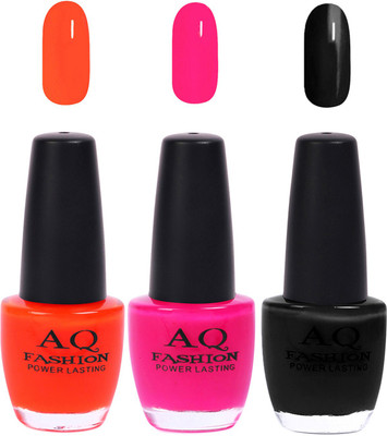 

AQ Fashion Funky Vibrant Range of Colors Nail polish Orange, fuchsia,Denime Black(Pack of 3)
