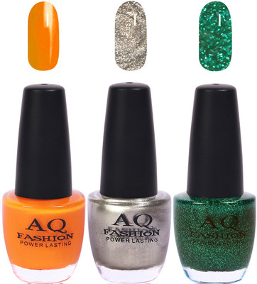 

AQ Fashion Funky Vibrant Range of Colors Nail polish Turmeric Yellow,Silver,Shimmery Green(Pack of 3)