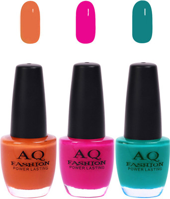 

AQ Fashion Funky Vibrant Range of Colors Nail polish Mustard,Royal Pink,turquoise Shades(Pack of 3)