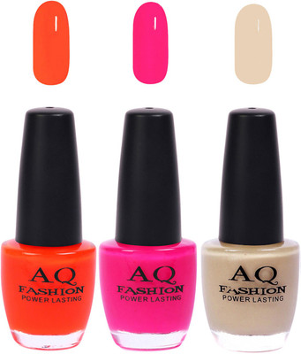 

AQ Fashion Funky Vibrant Range of Colors Nail polish Orange, fuchsia,Nude(Pack of 3)