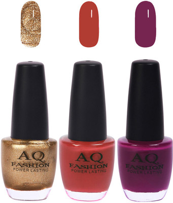 

AQ Fashion Funky Vibrant Range of Colors Nail polish Lemony Golden,Rich Brown,Purple(Pack of 3)