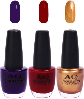 

AQ Fashion Funky Vibrant Range of Colors Nail polish Ink Blue,Cherry Red,Smooth Golden(Pack of 3)