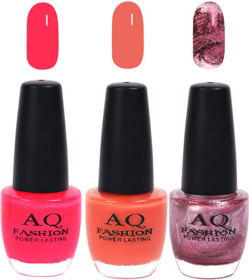 

AQ Fashion Funky Vibrant Range of Colors Nail polish Rani Pink,Peah,Pearl Purple(Pack of 3)