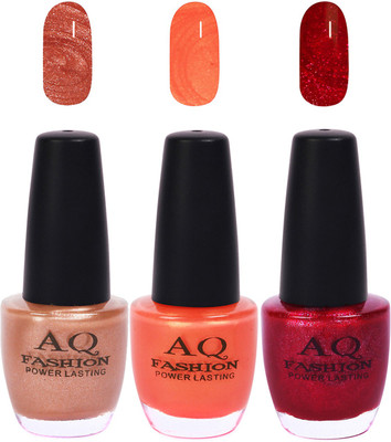 

AQ Fashion Funky Vibrant Range of Colors Nail polish Nude Shimmer,Shimmer Orange,Shimmery Mazenta(Pack of 3)