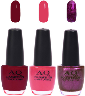 

AQ Fashion Funky Vibrant Range of Colors Nail polish Deep Plum,Pink,Shimmer Purple(Pack of 3)
