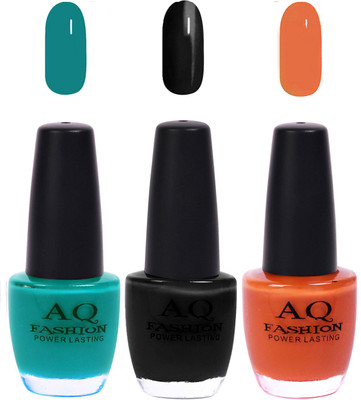 

AQ Fashion Funky Vibrant Range of Colors Nail polish Turquoise,Black,Orangish Nude(Pack of 3)