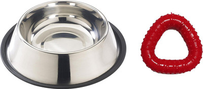 

Foodie Puppies Multi Utility Combo Kit for Dogs/Pets (900ml Stainless Steel Feeding Plain Bowl + Triangular Chew Toy) Rubber Chew Toy For Dog