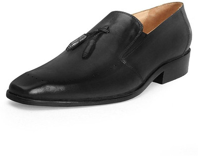 

BRUNE BLACK LEATHER TASSEL LOAFER HAND CRAFTED SHOES BY BRUNE Slip On For Men(Black