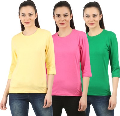 CHECKERSBAY Solid Women Round Neck Green, Pink, Yellow T-Shirt