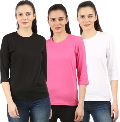 CHECKERSBAY Solid Women Round Neck White, Black, Pink T-Shirt