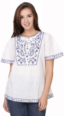 Crease & Clips Casual Half Sleeve Embroidered Women White, Blue Top Crease & Clips Casual Half Sleeve Embroidered Women White, Blue Top