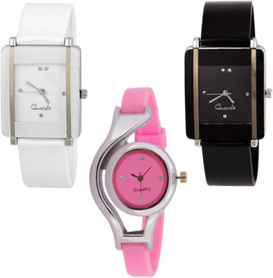 

MF Set Of 3 Combo Pink, White And Black PU Material Fast Selling Women Watch - For Girls
