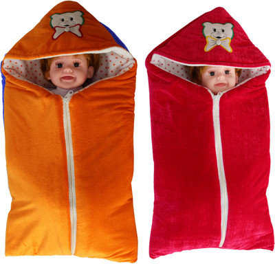 

My New Born Multipurpose Sleeping Bag cum baby bedding set cum wrapper with fully protective Zipper for new born baby boy and baby girl Standard Cartoon Hooded crib blanket(Cushioned Fleece, Red, Orange)