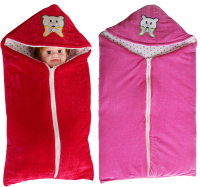 

My New Born Multipurpose Sleeping Bag cum baby bedding set cum wrapper with fully protective Zipper for new born baby boy and baby girl Standard Cartoon Hooded crib blanket(Cushioned Fleece, Red, Pink)