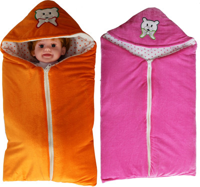 

My New Born Multipurpose Sleeping Bag cum baby bedding set cum wrapper with fully protective Zipper for new born baby boy and baby girl Standard Cartoon Hooded crib blanket(Cushioned Fleece, Pink, Orange)