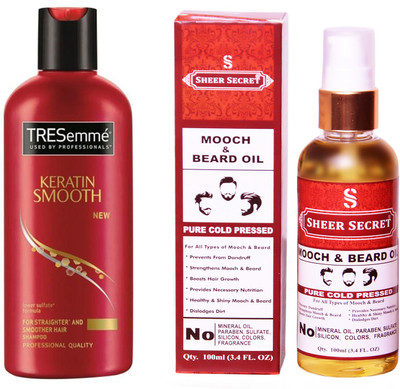 

TRESemme 190 ML KERATIN SMOOTH SHAMPOO with SHEER SECRET COLD PRESSED MOOCH AND BEARD OIL 100ML(Set of 2)
