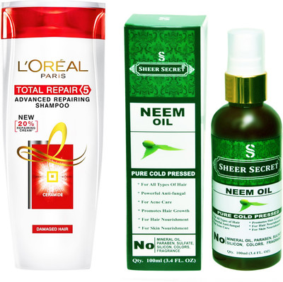 

L'Oreal TOTAL REPAIR 5 SHAMPOO 175ML with SHEER SECRET COLD PRESSED NEEM OIL 100ML(Set of 2)