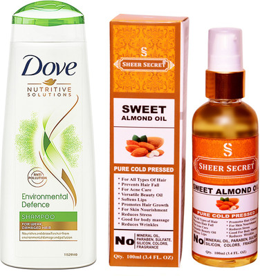 

Dove 180 ML ENVIRONMENTAL DEFENCE SHAMPOO with SHEER SECRET COLD PRESSED SWEET ALMOND OIL 100ML(Set of 2)