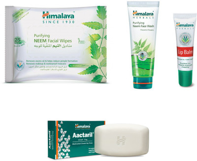 

Himalaya Purifying Neem Facial Wipes, Purifying Neem Face Wash, Lip Balm, Aactaril Soap(Set of 4)