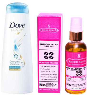 

Dove 180 ML OXYGEN MOISTURE SHAMPOO with SHEER SECRET COLD PRESSED ANTI DANDRUFF OIL 100ML(Set of 2)