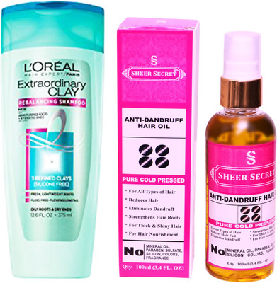 

L'Oreal EXTRA ORDINARY CLAY SHAMPOO 175ML with SHEER SECRET COLD PRESSED ANTI DANDRUFF OIL 100ML(Set of 2)