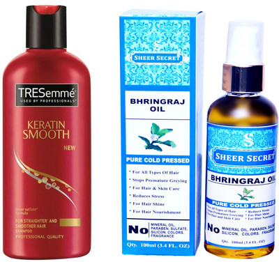 

TRESemme 190 ML KERATIN SMOOTH SHAMPOO with SHEER SECRET COLD PRESSED BHRINGRAJ OIL 100ML(Set of 2)