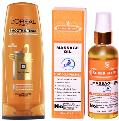 

L'Oreal SMOOTH INTENSE CONDITIONER 175 ML with SHEER SECRET COLD PRESSED MASSAGE OIL 100ML(Set of 2)