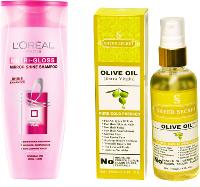 

L'Oreal NUTRI GLOSS SHAMPOO 175ML with SHEER SECRET COLD PRESSED OLIVE OIL 100ML(Set of 2)