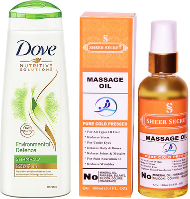 

Dove 180 ML ENVIRONMENTAL DEFENCE SHAMPOO with SHEER SECRET COLD PRESSED MASSAGE OIL 100ML(Set of 2)