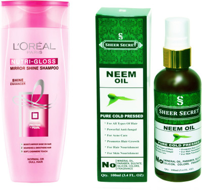 

L'Oreal NUTRI GLOSS SHAMPOO 175ML with SHEER SECRET COLD PRESSED NEEM OIL 100ML(Set of 2)