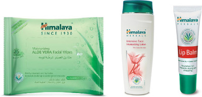 

Himalaya Aloe Vera Facial Wipes, Intensive Face Moisturizing Lotion, Lip Balm(Set of 3)