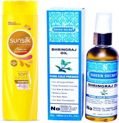 

SUNSILK 180 ML NOURISHING SOFT AND SMOOTH SHAMPOO with SHEER SECRET COLD PRESSED BHRINGRAJ OIL 100ML(Set of 2)