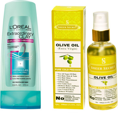 

L'Oreal EXTRA ORDINARY CLAY CONDITIONER 175 ML with SHEER SECRET COLD PRESSED OLIVE OIL 100ML(Set of 2)