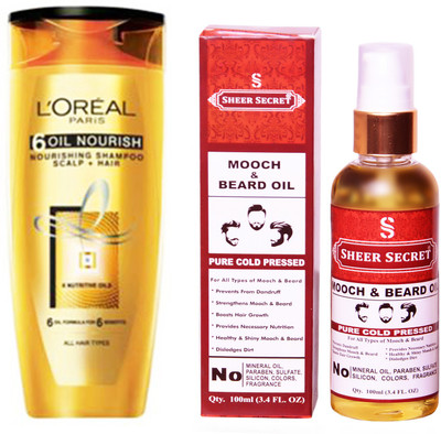 

L'Oreal 6 OIL NOURISH SHAMPOO 175ML with SHEER SECRET COLD PRESSED MOOCH AND BEARD OIL 100ML(Set of 2)