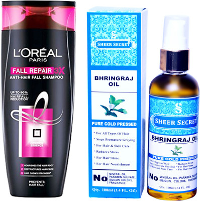 

L'Oreal FALL RESIST 3X SHAMPOO 175ML with SHEER SECRET COLD PRESSED BHRINGRAJ OIL 100ML(Set of 2)