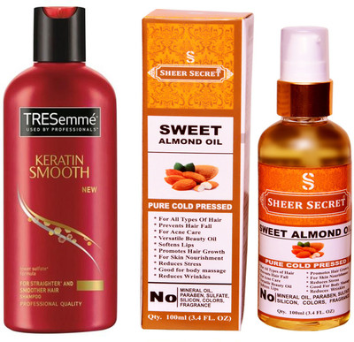 

TRESemme 190 ML KERATIN SMOOTH SHAMPOO with SHEER SECRET COLD PRESSED SWEET ALMOND OIL 100ML(Set of 2)