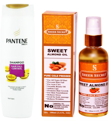 

PANTENE 180 ML HAIR FALL CONTROL SHAMPOO with SHEER SECRET COLD PRESSED SWEET ALMOND OIL 100ML(Set of 2)