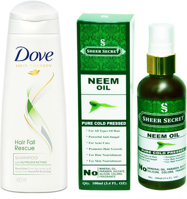 

Dove 180 ML HAIRFALL RESCUE SHAMPOO with SHEER SECRET COLD PRESSED NEEM OIL 100ML(Set of 2)
