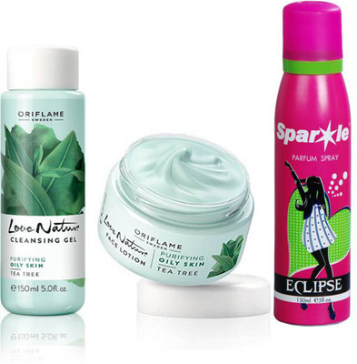 

Oriflame Sweden Love Nature Tea Tree Clay mask 50 Ml, Face Lotion 50 Ml With One Sparkle Perfume Spray 150 Ml(Set of 3)